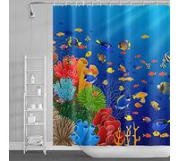 SDOTPMT 180x198cm Oceano Tropicale Pesci Tenda da doccia Colorato cartone animato Pesce Corallo scogliera Marino Animale Tenda bagno Sott'acqua per bambini Bagno Poliestere Impermeabile con ganci