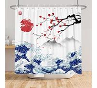 SDOTPMT 180x198cm Tenda giapponese della doccia del Monte Fuji Cherry Blossom Sunset Asian Bath Curtain Tenda della vasca da bagno della pittura del paesaggio dell'onda per la decorazione del bagno