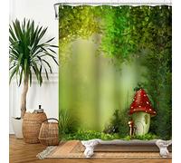 SDOTPMT 180x243cm Magia Foresta Tenda da doccia Fiaba Funghi Fantasia Giungla Albero Tenda da bagno Verde Pianta Prati Foglia Tenda da vasca per Bagno Poliestere con ganci