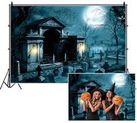 SDOTPMT 2.2x1.5m Cimitero gotico sfondo di Halloween Mausoleo infestato Tombe di luna piena Sfondo fotografico del cimitero nebbioso per feste dell'orrore Impostazioni della storia fantasma