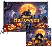 SDOTPMT 2.2x1.5m Gioioso Halloween saluto sfondo Cartone animato nero gatto pieno arancione fantasmi di luna Jack - o '- lanterne sfondo fotografia della casa infestata per Spooky Festival Decor