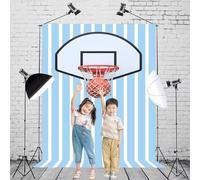 SDOTPMT 2.2x3m Palla realistica che attraversa la rete sfondo di fotografia a righe blu bianche per lo sport La festa di riunione del bambino spara la striscia dell'arredamento
