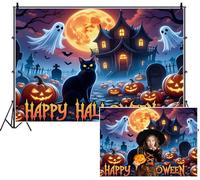 SDOTPMT 2.7x1.8m Felice sfondo di Halloween Casa infestata Gatto nero con occhi luminosi Luna arancione piena Fantasmi Jack - o '- lanterne Sfondo fotografico per Spooky Festeggiare Decor