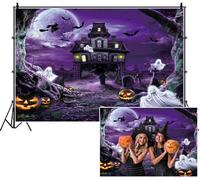 SDOTPMT 2.7x1.8m Spooky Halloween sfondo Mansion infestato piena luna pipistrelli fantasmi Jack - o '- lanterne Nebbia alberi antichi sfondo fotografico viola per festeggiare decorazione vacanza
