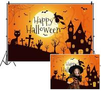 SDOTPMT 3.6x2.5m Happy Halloween sfondo Luna piena strega su broomstick Silhouette Spooky House di Cat Tombstones Zombie Hands Sfondo fotografico per vibrante decorazione del festival di celebrazione