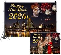 SDOTPMT 3.6x2.5m Sfondo di festa di buon anno nuovo oro 2026 fuochi d'artificio colorati città skyline fiume fotografia sfondo celebrazione vacanza evento ritratto foto stand prop