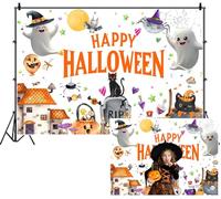 SDOTPMT 3.6x3m Felice sfondo di Halloween fantasmi adorabili gatto nero Jack - o '- lampana palloncino ragno con cappello strega Cobwebs sfondo fotografico per la decorazione del festival spooky