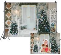 SDOTPMT 3.6x3m Sfondo di ingresso di Natale Porta blu chiaro Passi di neve Ornamenti colorati Palme Sfondo fotografico per la riunione di famiglia spara Props Decorazione della festa di vacanza