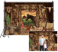 SDOTPMT 3.6x3m Sfondo rustico fienile occidentale fienile porte di legno cavallo fieno bale stivali da cowboy ruote tramonto vista fotografia sfondo per bambini adulti arredamento di festa