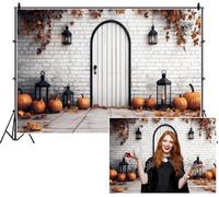 SDOTPMT 3x2.2m Autunno Halloween sfondo bianco mattone parete arco porta lanterne zucche foglie cadute fotografia sfondo per feste dell'orrore eventi arredamento attrezzi