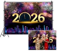 SDOTPMT 3x2.2m Celebrazione di Capodanno Sfondo 2026 Scena Numeri d'oro Countdown Orologio Fuochi d'artificio colorati Città Skyline Fotografia Sfondo Celebrazione Vacanze Evento Prop
