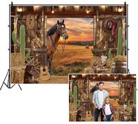 SDOTPMT 3x2.2m Sfondo affascinante fienile occidentale porte fienile cavallo fieno bale stivali cowboy cappello chitarra tramonto dorato campo fotografia sfondo per bambini adulti Party Supplies