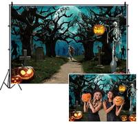 SDOTPMT 3x2.2m Sfondo cimitero di Halloween Luna percorso cimitero Alberi Jack - o '- lanterne scheletri Zombie pipistrelli Sfondo fotografico volante per festeggiare il festival