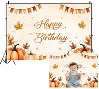 SDOTPMT 3x2.5m Buon compleanno sfondo zucche marroni che fluiscono crema arancione foglie d'autunno pastello pennante oro glitter sfondo fotografico per autunno raccolto festa decorazione