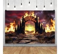 SDOTPMT 3x2.5m Halloween Hell's Gate Sfondo Arco infernale fiammeggiante Lettera Lettera Sentiero di pietra sfondo per la festa di Halloween dei bambini