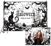 SDOTPMT 3x2.5m Halloween sfondo cimitero monocromo cielo notturno con trucco o trattare gatto nero fantasmi pipistrelli sfondo fotografico della casa infestata per la celebrazione sfondo festivo