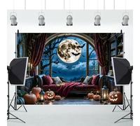 SDOTPMT 3x2.5m Halloween Vintage Gothic Room Sfondo Vista della finestra Ragnatela di pipistrello Luna. Lanterna a zucca Candela Retro Interno Sfondo per la festa di Halloween Arredamento