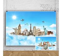 SDOTPMT 3x2.5m Mappa del mondo Sfondo di edifici famosi in tutto il mondo Volante Scena di viaggio Fotografia Sfondo Bambini Adulti Ritratto Photoshoot Puntelli Compleanno Home Decor