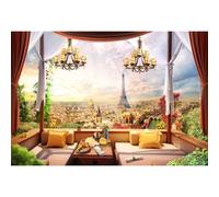 SDOTPMT 3x2m Ristorante Finestra Viste Sfondo Francia Torre Eiffel Retro Villaggio Città Chiesa Scenario Sfondo per sala da pranzo Partito Cerimonia di fidanzamento Foto Studio Atrezzo Stendardo