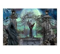 SDOTPMT 4.5x3m Cimitero di Halloween Cenno Sfondo Spettrale Cimitero Zombie che si alza Luna piena Fulmine Ragno Sfondo per la festa di Halloween Casa infestata Photo Booth Deco