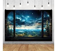 SDOTPMT 4.5x3m Finestra Fantastica Stellata Sfondo per Tema Halloween Arco Gotico Vista della finestra Stelle della Luna Nuvole Montagna Foresta Capanna Sfondo fotografico Blu da Sognare