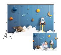 SDOTPMT 5x3ft Backdrop del poliestere dell'astronauta spazio esterno razzo il fondo partito galassia pianeta dell'universo bambini Attività scolastica Scatta Video Props Cartoon Blu Fotografia Foto