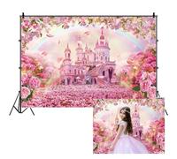 SDOTPMT 5x3ft Fondo in poliestere Princess Castle Fiori di ciliegio di primavera petali Rainbow Pink Sky Sfondo per la dolce ragazza festa di compleanno Cake Table Banner Decor