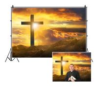 SDOTPMT 5x3ft Gesù Cristo Croce Sunrise Polyester Backdrop Sfondo cielo splendente tramonto cima montagna Luce Santa Gesù Resurrezione Chiesa cristiana Sfondo Decor Props