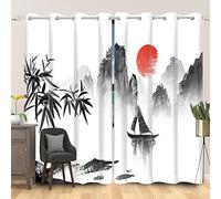 SDOTPMT 66x160cm Giapponese Tenda della finestra nebbioso Monte Barca Sole Bambù Foglia Tende per finestre Orientale Inchiostro Pittura Tende opache Camera da letto Tende Oscuramento, 2 Pannelli