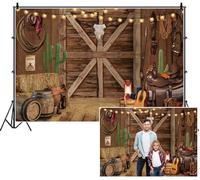 SDOTPMT 6x3m Rustico fienile occidentale sfondo interno in legno fienile pareti cowboy cappelli chitarra lanterna barili fieno bale fotografia sfondo per Bambini Adulti Cowboy Party Supplies