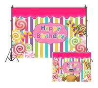 SDOTPMT 6x4ft Buon compleanno Backdrop poliestere Caramella fumetto per lo sfondo partito compleanno bambini Dolce Lollipop Candy Corful Stripes Party Cake Table Photo Studio Props