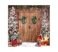 SDOTPMT 7x7ft Inverno Natale rustico di legno Barn Door Backdrop Snowfield Xmas Ball Pine Alberi Ghirlanda Regalo Sfondo per Capodanno Party Decor Poliestere Props