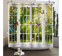 SDOTPMT 90x180cm Primavera Finestra Vista Tenda Doccia Fantasia Magica Foresta Bianco Bagno Tenda Colorata Farfalla Psichedelica Faint Sole Fata Vasca da bagno Tessuto Tenda impermeabile con ganci