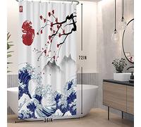 SDOTPMT 90x180cm Tenda giapponese della doccia del Monte Fuji Cherry Blossom Sunset Asian Bath Curtain Tenda della vasca da bagno della pittura del paesaggio dell'onda per la decorazione del bagno