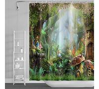 SDOTPMT 90x183cm Fiaba Fungo Tenda da Doccia - Magia Fantasia Forestale Giungla Albero Verde Prato Pianta Foglia Floreale per Bagno - Poliestere con Ganci