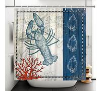 SDOTPMT Blu Aragosta Conchiglia Tenda da doccia Rosso Corallo Oceano Creatura Nautico Tenda da bagno Marino Animale Annata Chic Stile Tenda da vasca per Bagno Poliestere 90x183cm con ganci