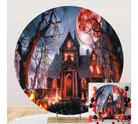 SDOTPMT Diameter 6ft Horror Halloween sfondo rotondo copertina con scheletri,Luna di sangue e casa infestata in fiamme sfondo fotografico Spooky celebrazione decorazione