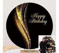 SDOTPMT Diametro 1.8m Buon compleanno Sfondo del cerchio Copertura Paillettes glitter Sfondo nero e oro Fotografia per Donne Festa di compleanno Decorazione per striscioni da tavola per torte