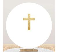 SDOTPMT Diametro 1.8m Crocifisso Faith Cerchio Backdrop Cover Glitter Croce Battesimo Prima Santa Comunione Bianco Sfondo fotografico per Buon partito di Pasqua Neonato Baby Compleanno Party Decor