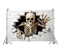 SDOTPMT Scheletro di Halloween 2.7x1.8m che sfonda muro di mattoni bianchi Sfondo Realistico muro di mattoni crepato Scheletro spaventoso per una festa di Halloween Interno ed esterno