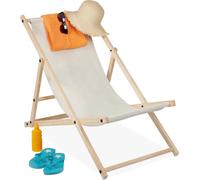 relaxdays Sdraio in Legno, Sedia da Spiaggia, Fodera in tessuto, Pieghevole e Regolabile, Spiaggia, Balcone, Beige