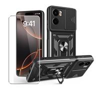 SDTEK Custodia per Motorola Moto G05 / E15 Cover Obiettivo Fotocamera, Supporto, Anello Magnetico Protezione Schermo Vetro (Nero)