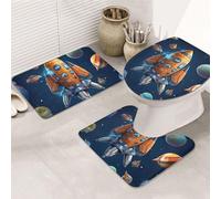 SDTYKHJ Set di tappeti da bagno 3 pezzi tappetino da bagno ultra assorbente antiscivolo tappeti da bagno Cartoon astronave razzo tappetini morbidi tappetino da doccia a forma di U tappetino per WC