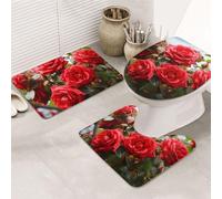 SDTYKHJ Set di tappeti da bagno 3 pezzi tappetino da bagno ultra assorbente antiscivolo tappeti da bagno con rose rosse cespuglio in giardino tappetini da doccia morbido tappeto da doccia a forma di U