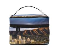 SDTYKHJ Trousse per trucchi da donna, trousse da viaggio per articoli da toeletta con skyline hawaiano con testa di diamante e vulcano, organizer per trucchi con manico