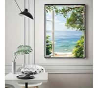 SDVIB Quadro a tema viaggio con scene estive dell'oceano, che mostra il mare blu attraverso una finestra aperta, ideale per l'arredamento di casa (60x90 cm/senza cornice).