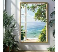 SDVIB Quadro a tema viaggio con scene estive dell'oceano, che mostra il mare blu attraverso una finestra aperta, ideale per l'arredamento di casa (40x60 cm/senza cornice).