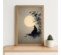 SDVIB Quadro minimalista con monaco zen, bambù e luna, su tela, ideale per soggiorno, camera da letto e arredamento (40x60 cm/senza cornice).