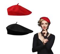 SDXCJY 2 berretti per adulti, misto vintage, berretto francese, unisex, morbido e caldo, cappello da artista per esterni, classico, tinta unita, taglia unica., nero, rosso., Taglia unica