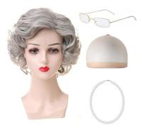 SDXCJY 4 pezzi Old Lady parrucca corta riccia grigia cuffia collana di perle occhiali con kit di accessori, parrucca corta riccia a strati per cosplay, feste, Halloween parrucca in costume (grigio)